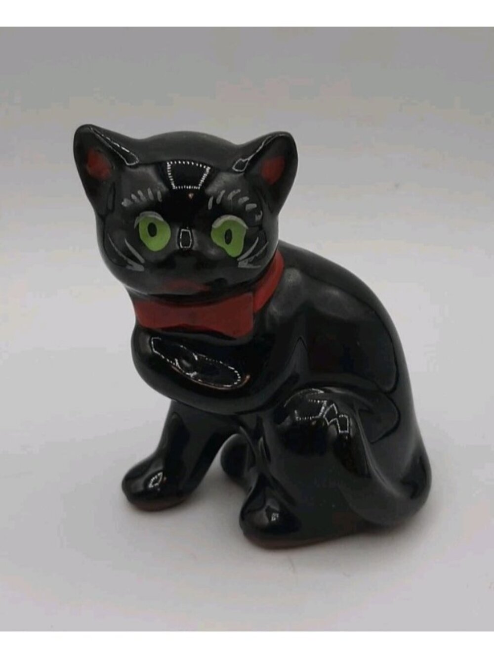 Vintage Poor Black Cat Kitty Red Ware Green Eyes Red Ears and Bow Halloween